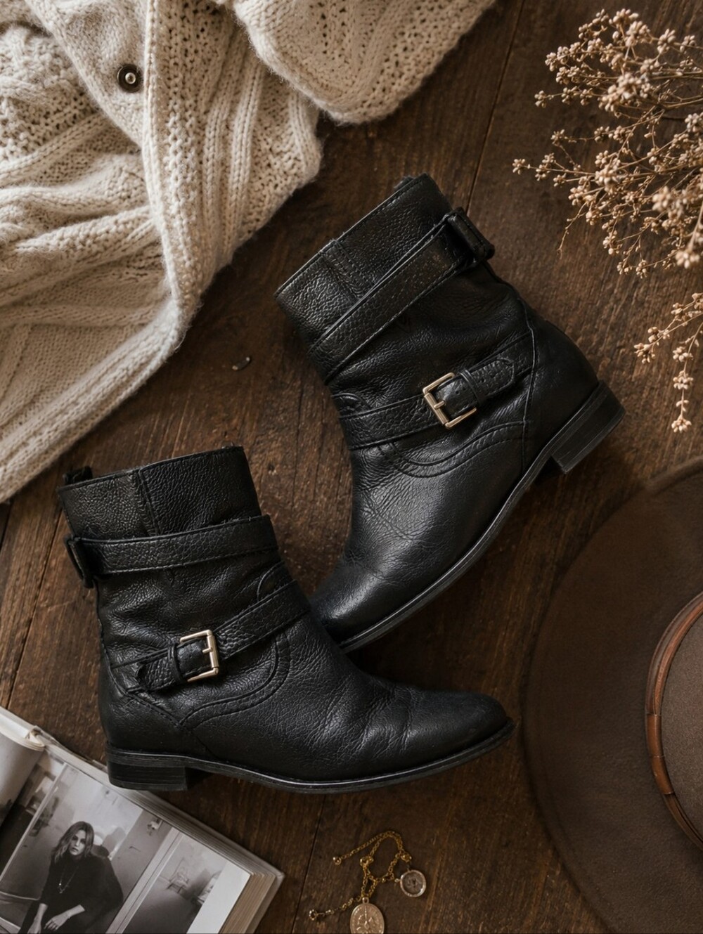 Kate Spade Sabina Pebbled Calfskin Black Leather Ankle Boots with Buckles